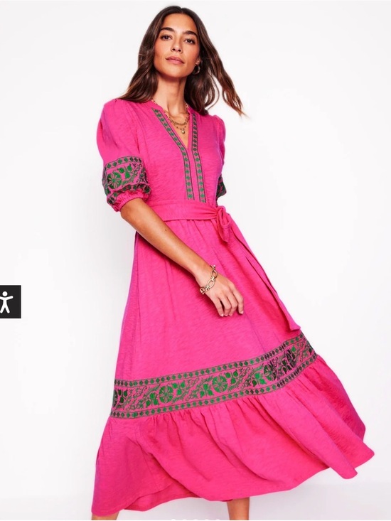 Boden Dresses & Skirts - Boden Hot Pink puff sleeve belted Maxi Dress Green Embroidered Trim boho NWOT